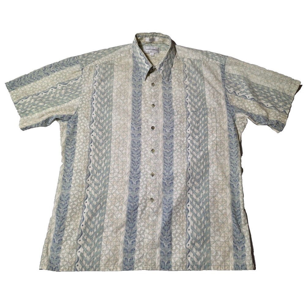 VTG MARIO‎ FERRARI Men Beige Green Blue Geo Abstract Large Cotton Button Shirt